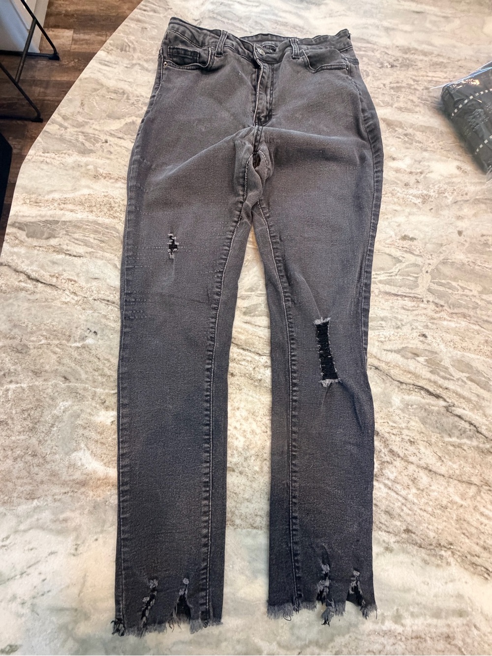 SHEIN Large Black Distressed High Rise Jeans Raw Frayed Hem Stretch